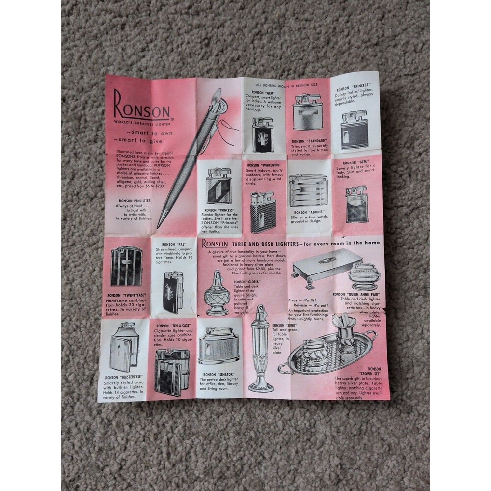 Vintage RONSON Lighters Paper Ad Guarantee / Directions Color Double Sided.